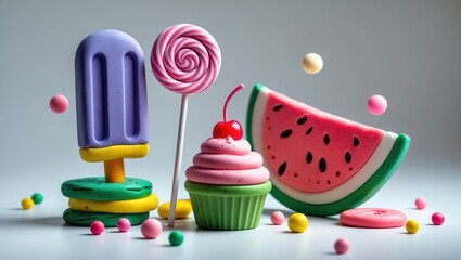 Watermelon, ice cream, candy, and cupcakes made from plasticine