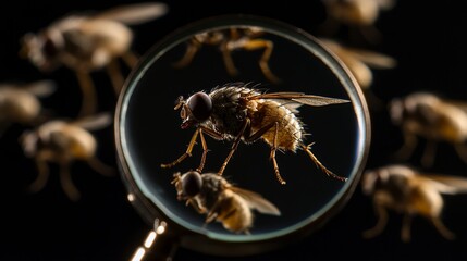 Several lice become visible on human hair during a detailed inspection using a magnifying glass