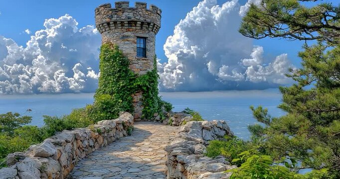 Coastal stone tower landscape