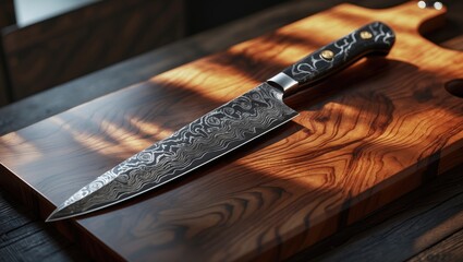Damascus knife for chefs positioned on a cutting board