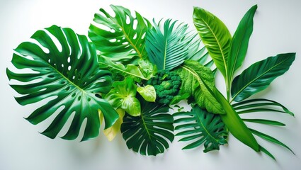 Collection of Tropical leaves separated on backdrop. Unique foliage for promotional design.