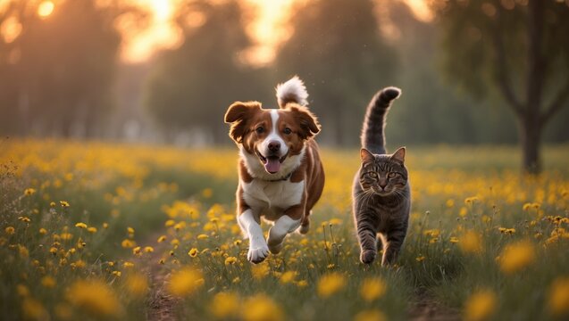 Two friends, a dog and a cat, happily race across a flowery field