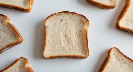 Isolated slices of toast bread on a white background. Top-down view, flat lay