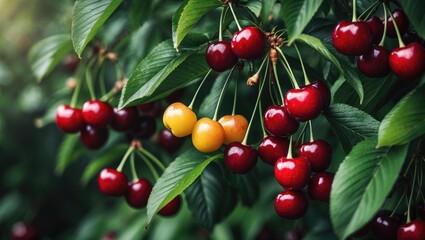Zoomed-in image of ripe red cherries on tree branches