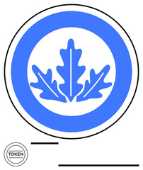 Minimalistic blue oak leaf inside a round frame, highlighting sustainability, growth, nature, and ecology. Ideal for eco-branding, conservation, environment, organic products education flat simple