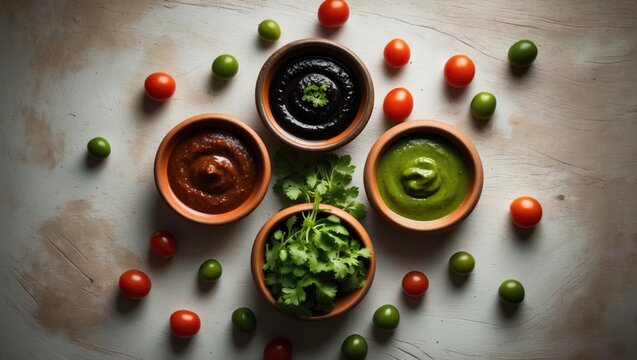 Collection of sauces in ceramic bowls, three varieties, aerial view, culinary