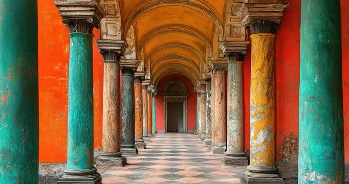 Colorful colonnaded passageway