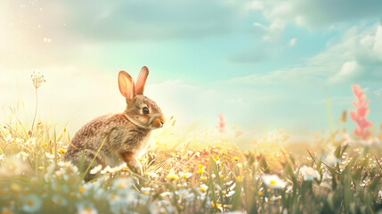 Audubons Cottontail rabbit sits in grass at sunset. 