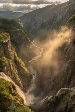 Norway. Sunset on Voringsfossen waterfall.