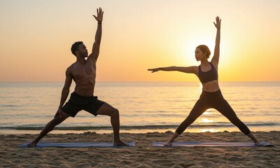 A fit couple practices yoga on the beach at sunrise, with a calm ocean stretching into the horizon. The peaceful setting and harmonious posture create a serene image ideal for wellness and mindfulness