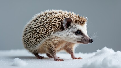 Obraz premium Lateral perspective of a lovely hedgehog investigating and walking against a white background, whole body