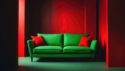 Artistic red interior design with a green couch