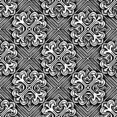 A seamless, repeating vector pattern featuring intricate, ornate floral or geometric designs arranged in diamond shapes on a textured background, shades of black and white.