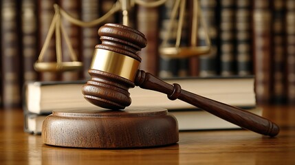 Wooden Gavel in Courtroom Setting, A wooden gavel resting on a sound block in a courtroom setting with law books in the background