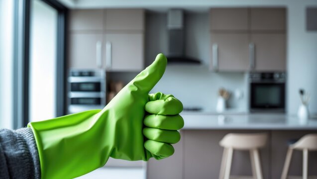 Visual representation of household cleaning. A close-up of a human hand wearing a green rubber glove signaling ok. Background features a tidy kitchen countertop and furniture.