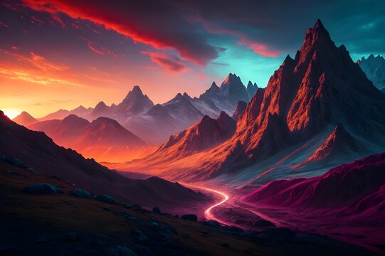 "Fiery Sunset Over Tranquil Mountain Range with Radiant Orange Sky" sunset over the mountains