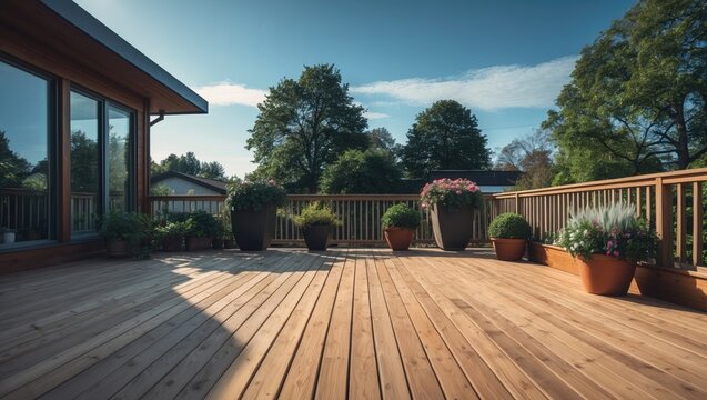 Outdoor wood deck at home, freshly treated and decorated with flowering potted plants