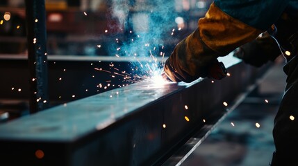 Construction site worker welding steel beams for building framework. Featuring craftsmanship and structural integrity