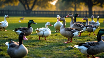 Fototapeta premium A group of geese. White and grey geese roaming a farm. Geese feed on a lush meadow. A line of domestic geese moves sequentially through the field. Close-up, selective focus.