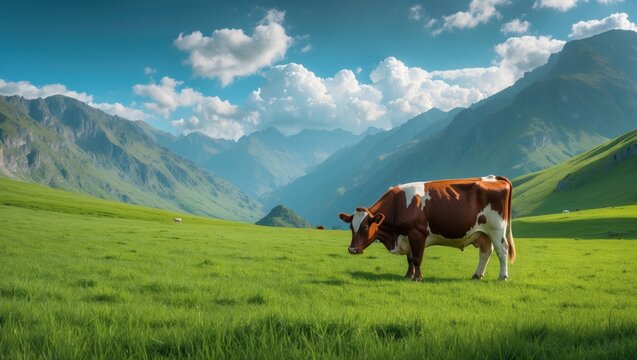 Bovine foraging in a mountain field. Gorgeous mountain backdrop featuring green grass and a red cow on a sunny day.