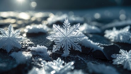 Macro shot of complex ice formations sparkling on a snowy ground, emphasizing the subtle and fleeting elegance of natural artistry.