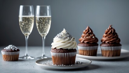 Party dessert idea: Festive cupcakes topped with sprinkles and paired with champagne