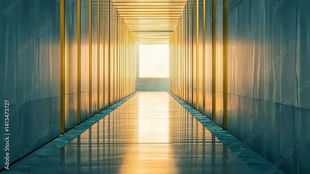 Poster light cascades through a serene corridor, illuminating modern architecture at dusk in a tranquil set