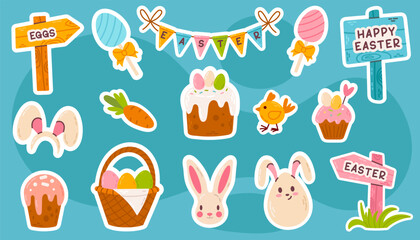 Colorful Easter stickers set. Includes bunny ears, eggs, cakes, carrot, basket, birds, and holiday signs. Perfect for spring and Easter-themed designs.