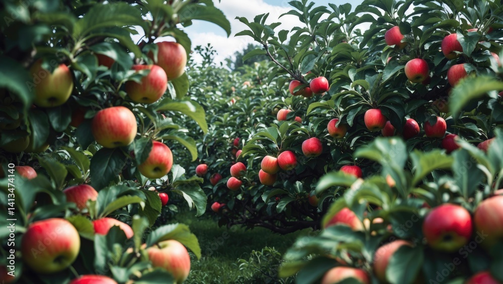 Poster apple orchard filled with red apples. vibrant red apples on trees awaiting harvest.