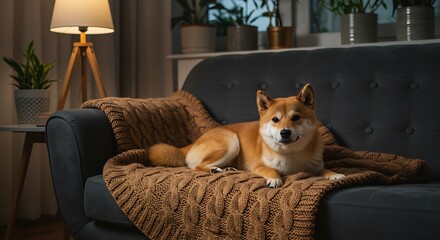 A cute dog  lounging comfortably on a cozy sofa with a warm blanket in a home setting