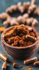 Obraz premium Turmeric Powder and Capsules in Wooden Bowl, Healthy Spice Supplement