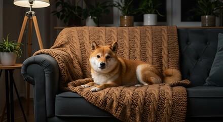 A cute dog  lounging comfortably on a cozy sofa with a warm blanket in a home setting