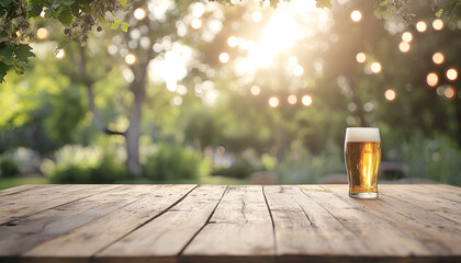cold beer in a glass on wooden table over blurred beer garden in summer