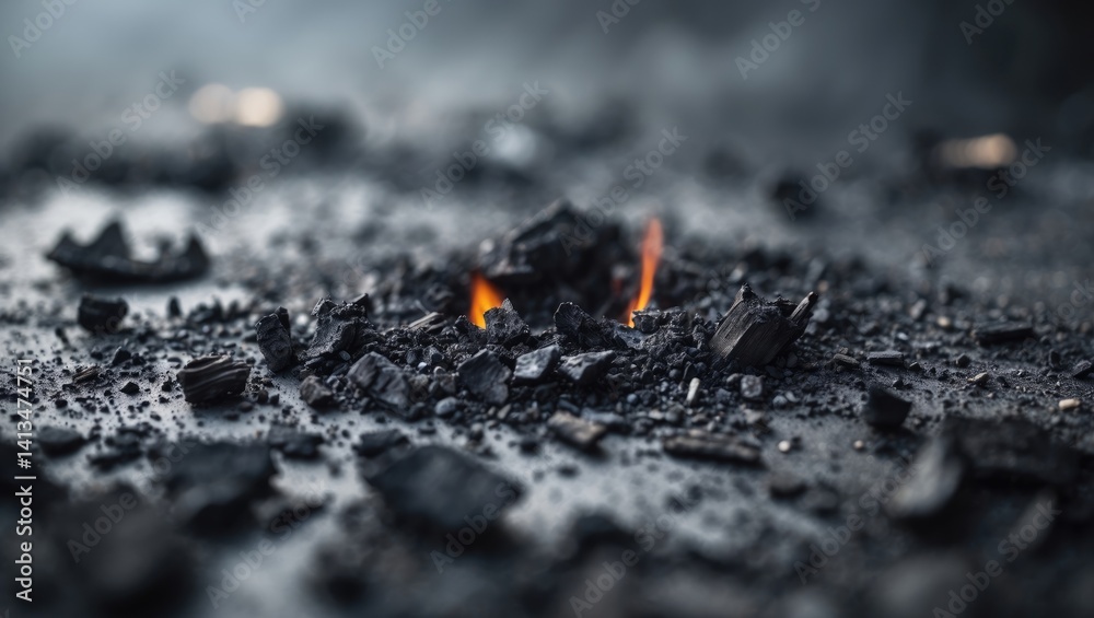 Poster Texture of ashes in a blurred background. Wood ash from the fireplace. Defocused charcoal cinders. Blurred image backdrop. Close-up view. Out of focus.