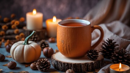 Cozy autumn decorations with tea, candles, and pumpkins.