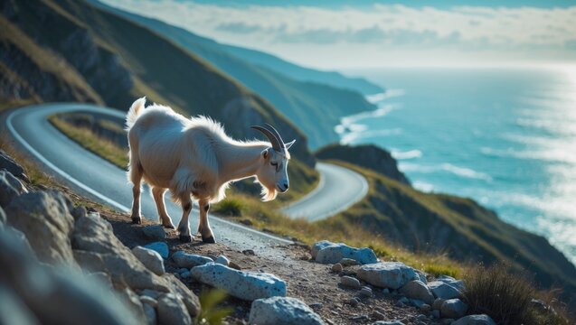 Goat making its way over the steep and twisting roads by the coastal cliffs