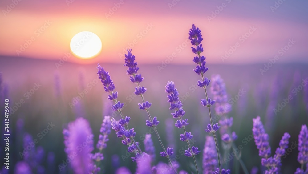 Poster Meadow wildflowers at sunset. Close-up image with shallow depth of field. Nature abstract background