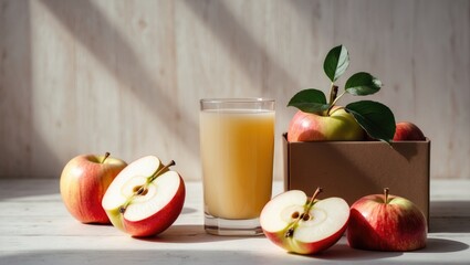 Fresh organic apple juice in a glass with apples in a box on a wooden backdrop. Text space available