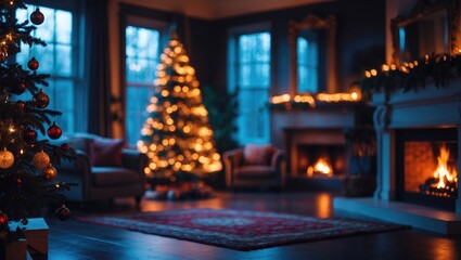 Dark home interior for holidays, featuring a living room with a fireplace and tree at night.