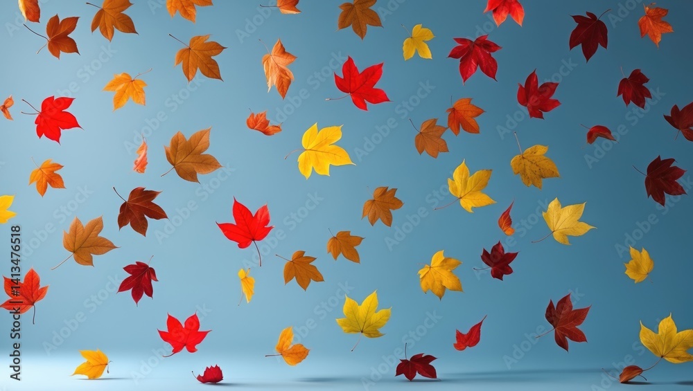 Poster striking bright autumn leaves cascading in the air, isolated on a backdrop. concept of levitation or