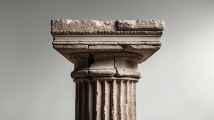 Close-up front view of a large vertical square piece of an antique classical stone column with a weathered texture