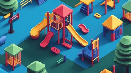 Colorful Playground Equipment in a Vibrant Park Setting Featuring Slides Climbing Structures