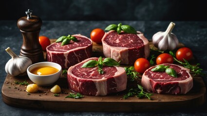 Raw prime veal steaks. Black Angus cuts arranged on a wooden surface featuring Tomahawk, Ribeye, T-bone, and Ossobuco. Meat scenery.