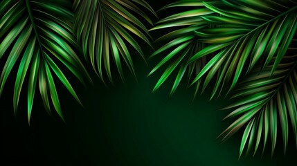 Palm fronds with vibrant green leaves cascade down against a dark emerald background.