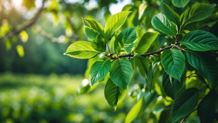 Obraz premium Vibrant green sour cherry leaves and branches on a tree.