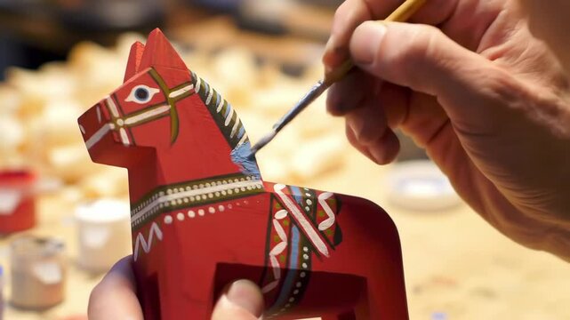 Closeup hands painting traditional red Swedish Dala horse figurine. Artisan carefully paints wooden Swedish Dalecarlian toy horse souvenir with fine brush. National Day of Sweden. Symbol of Sweden.