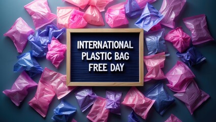 Text on felt board for International Plastic Bag Free Day surrounded by colorful disposable bags. Concept of waste reduction, zero waste, eco-friendly, sustainable lifestyle, and plastic-free eco