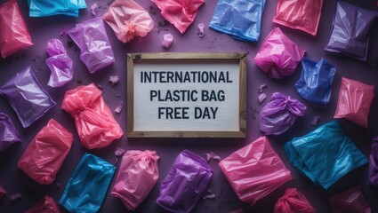 International Plastic Bag Free Day written on a felt board with assorted colored disposable bags around it. Focus on waste reduction, zero waste, eco-friendly practices, sustainable living, and