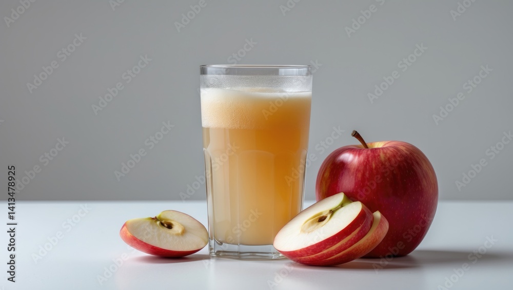 Poster sliced red apples and a glass of naturally cloudy apple juice