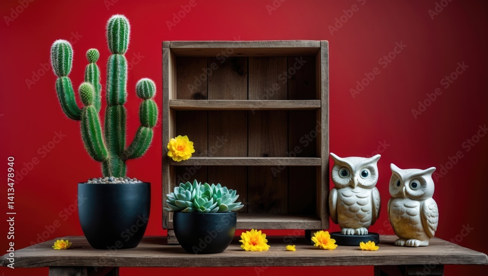 Poster attractive cactus on a wooden shelf with a faux owl on a wooden table in the background